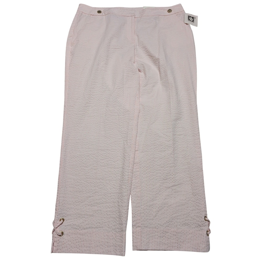 Anne Klein Pants‎ Womens 12 Pink Seersucker Striped Cropped Lace Up Hem New